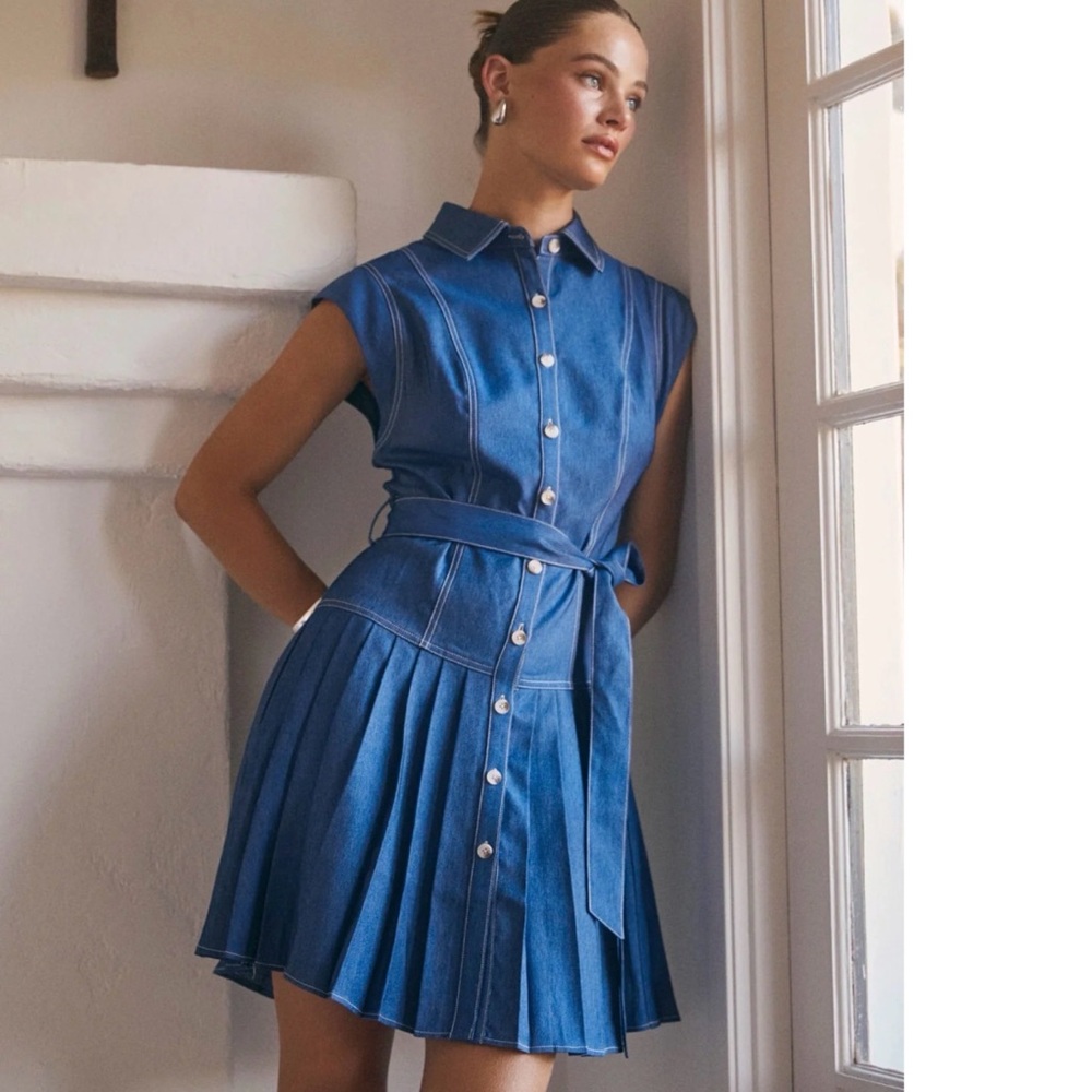 NWOT Current Air Lainey Pleated Denim Mini Dress Small Blue Button Front